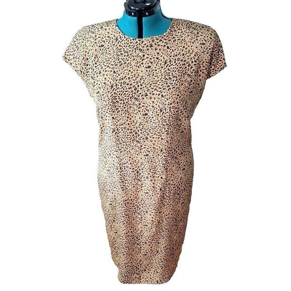 Vintage 80s Cheetah Leopard Cap Sleeve Sheath Dress Women Size Large - Picture 2 of 11